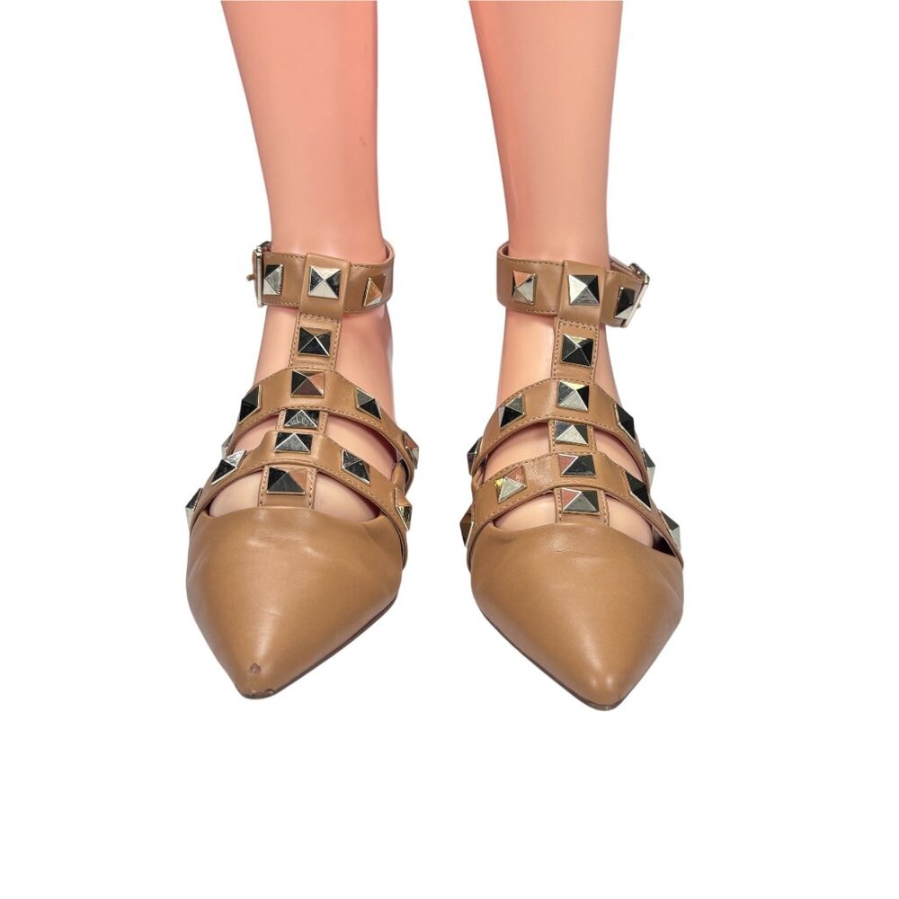 Tan Studded Pointed-Toe Ankle Strap Flats By MIX No.6 Size 7.5 Faux Leather Wome